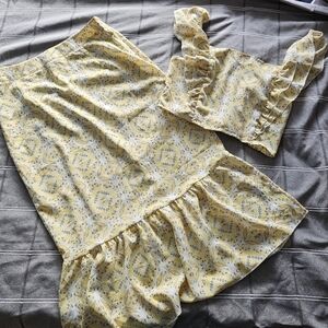 Yellow Floral Women's 2 Piece Skirt And Top Set